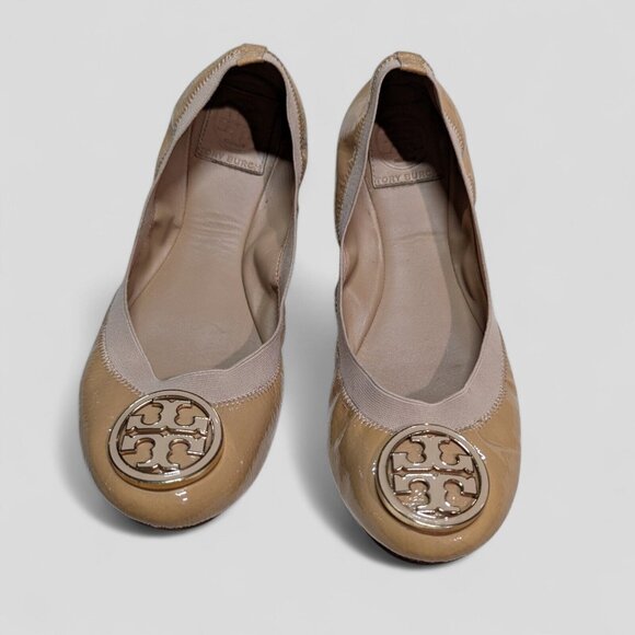 Tory Burch Womens Shoes 8.5 M Caroline Ballet Flats Brown Patent Leather Comfort - Picture 2 of 11